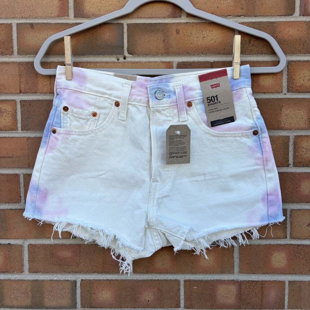 NWT LEVI 501 Denim Cutoff Shorts Womens 25 White Tie Dye Distressed Festival